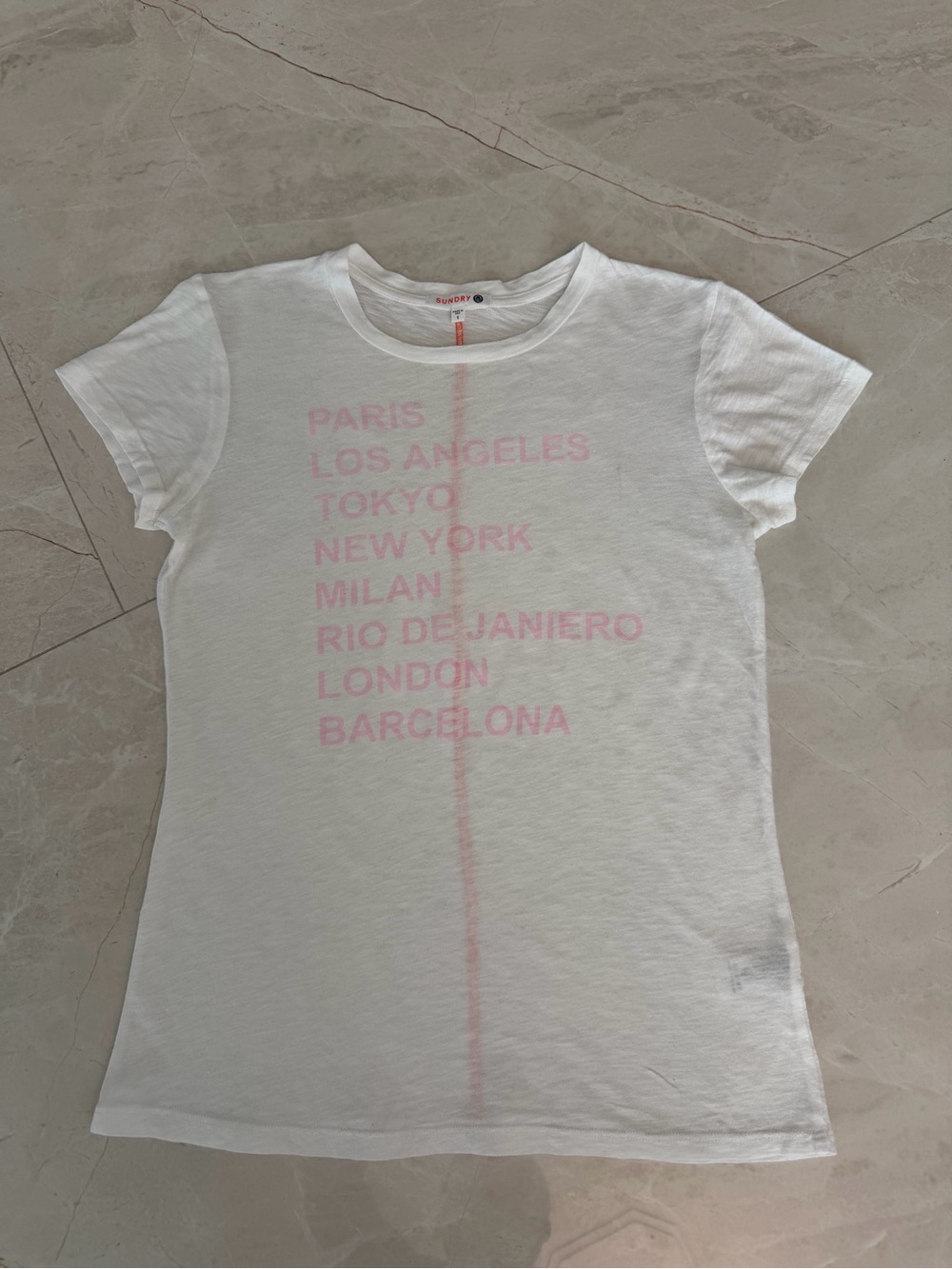 Sundry White Tee with Pink City List Print xs